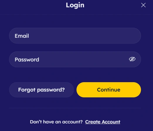 Vegas Nova Casino login pop-up with email and password fields and Continue button