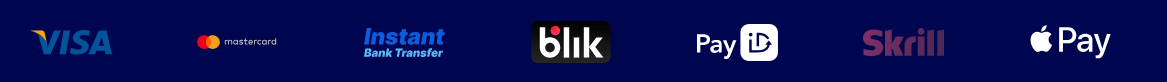 Vegas Nova Casino payment methods strip with Visa, Mastercard, Instant Bank Transfer, Blik, PayID, Skrill and Apple Pay logos