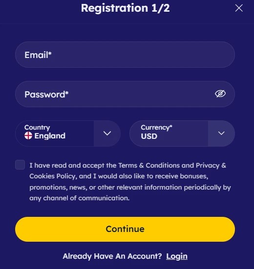 Vegas Nova Casino registration form step 1 with email, password, country and currency fields