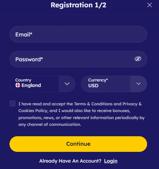Vegas Nova Casino registration form step 1 with email, password, country and currency fields
