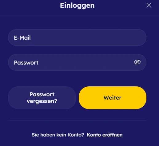 Vegas Nova Casino Login-Popup mit E-Mail- und Passwortfeldern sowie dem Button „Weiter“