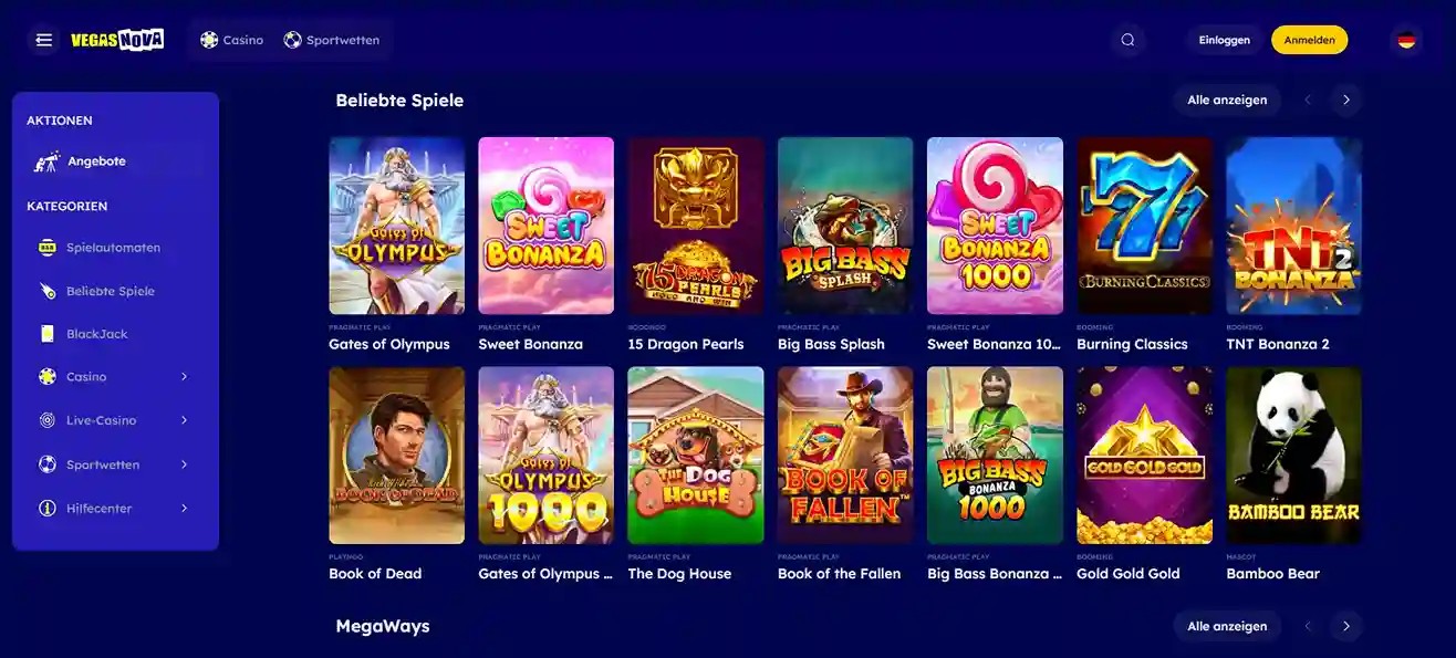 Vegas Nova Casino Lobby mit beliebten Online-Slots und Navigationsmenü für deutsche Spieler